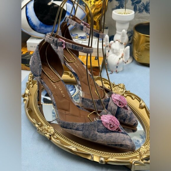 🆕 KURT GEIGER LONDON 🧿 NWOB Belgravia Pink Denim Vinyl High Heel, Sz 37 US 7 - Picture 11 of 16